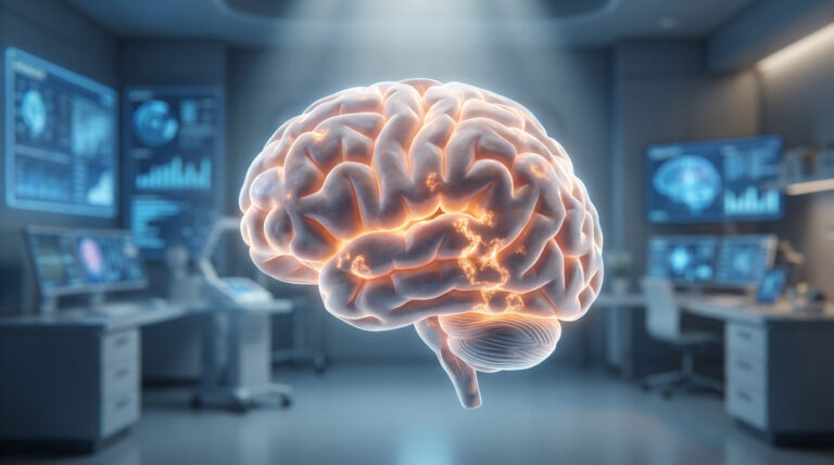 Photorealistic 3D rendering of a human brain with glowing orange cerebral lymphoma lesions, in a high-tech medical lab.