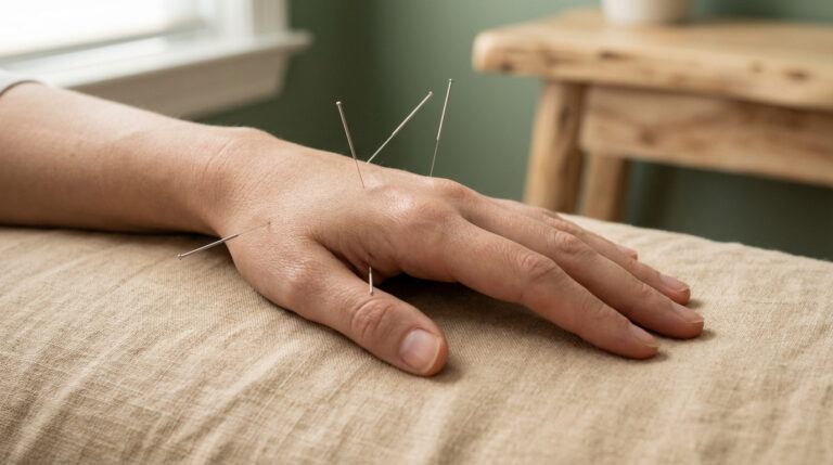 Close-up of a hand with several acupuncture needles, conveying calm and balance. Soft light on beige fabric, blurred green wall background.