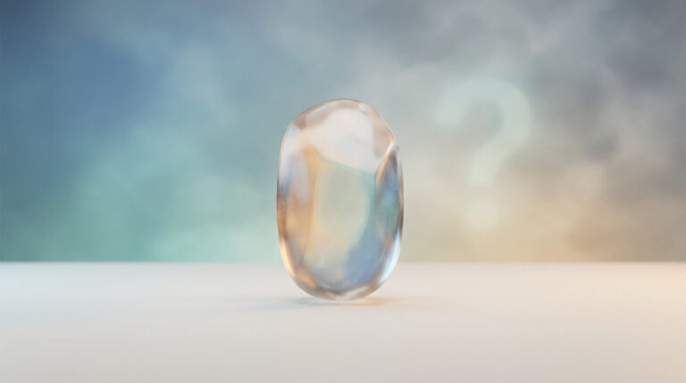 Translucent, glowing crystal capsule on a clean surface. Background gradients from cool blue/green to warm amber/grey, with a subtle question mark.