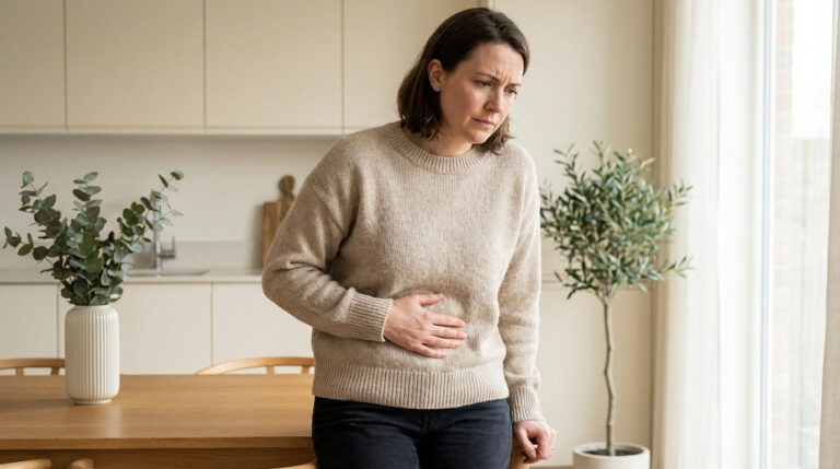Mid-30s woman with a thoughtful, concerned expression gently touches her lower abdomen in a bright, modern kitchen.