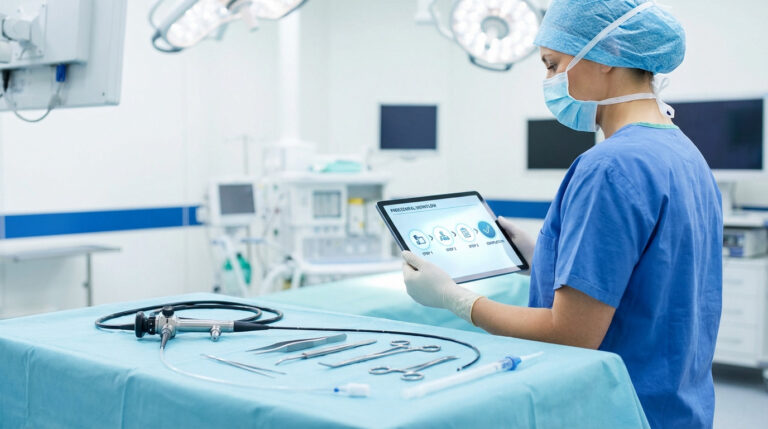 Masked medical professional reviews digital procedural workflow on a tablet, with sterile surgical instruments on a blue drape.