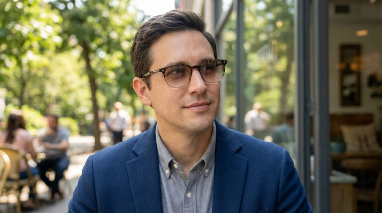 Man in modern tortoise-shell transition glasses, looking thoughtful in a sunny outdoor setting with blurred background.