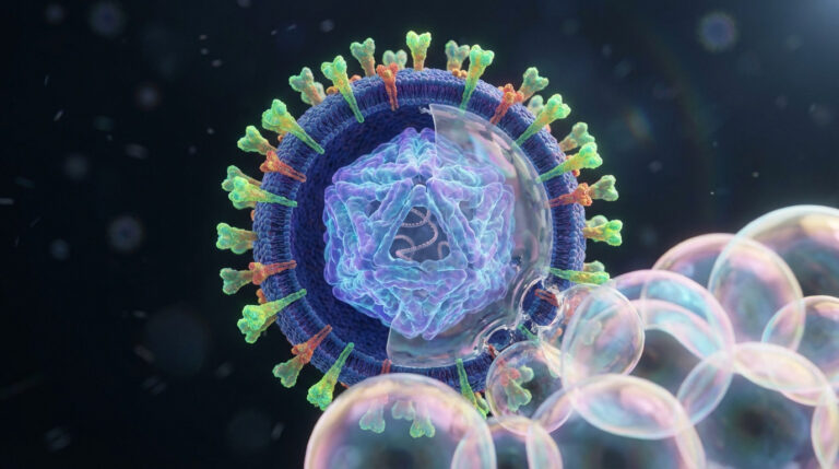 Photorealistic illustration of an enveloped virus with spikes, inner capsid, and nucleic acid, disrupted by iridescent soap bubbles.