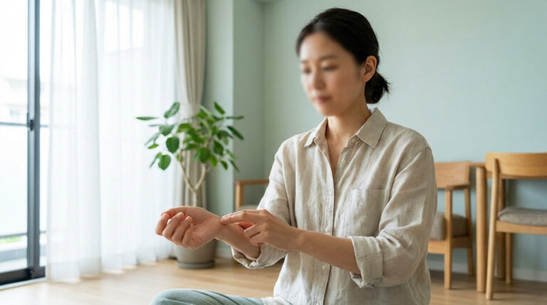 Person in light clothing performing wrist acupressure in a bright, serene room with natural light and a plant, promoting self-care.