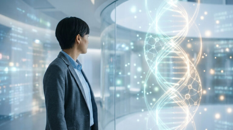 Person in professional attire views a luminous, abstract DNA helix, symbolizing medical advancement and new hope for patients.