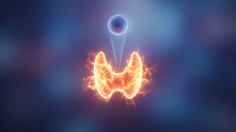Illustration of hyperthyroidism: a vibrant orange, glowing thyroid gland below a cool blue pituitary sphere, connected by a faint signal.