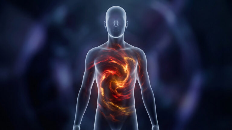 A translucent human silhouette with vibrant, turbulent red, orange, and yellow energy swirling in its chest and abdomen.