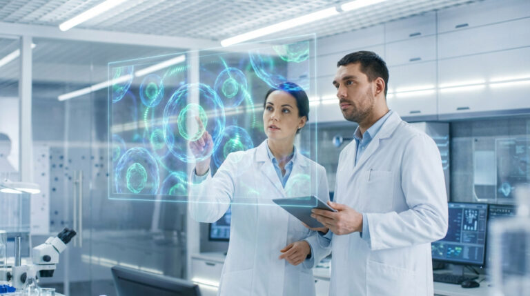 Two scientists in lab coats analyze a holographic projection of blue and green stem cells in a futuristic lab, symbolizing medical innovation.