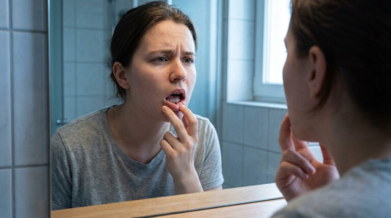 Young adult with clean tongue piercing examines their mouth in a mirror, showing a thoughtful, concerned expression in a well-lit bathroom.