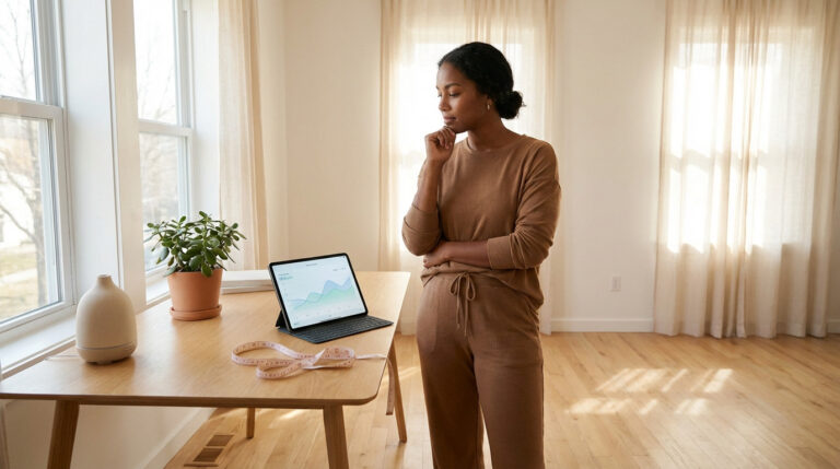 A diverse woman thoughtfully reviews health data on a tablet in a bright, modern home, with a measuring tape on the table.