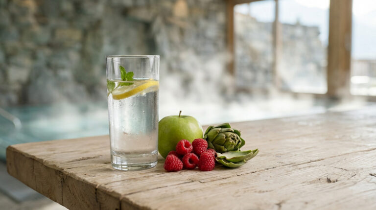 Still life of lemon-mint water, green apple, raspberries, and an artichoke on wood, set against a tranquil, steamy spa.