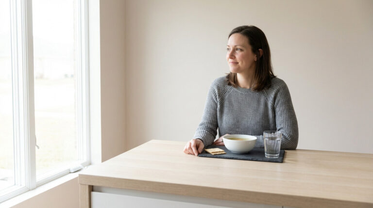 Woman in late 30s with calm expression, seated at a modern counter with a simple meal of broth, crackers, and water. Natural light fills the clean space.
