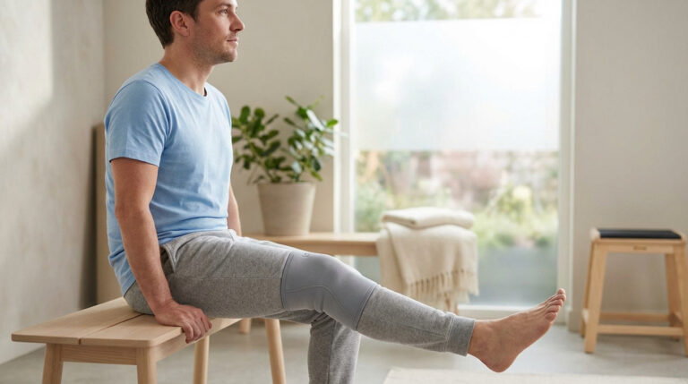 A man in athletic wear sits on a wooden bench, extending his leg with a knee support, in a bright, modern room with a blurred window.