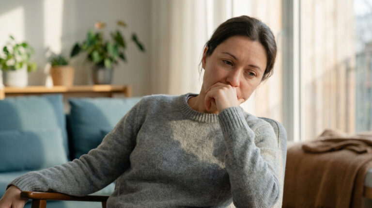 Medium close-up of a woman with a weary, introspective expression, hand near mouth, in a soft-lit modern room.
