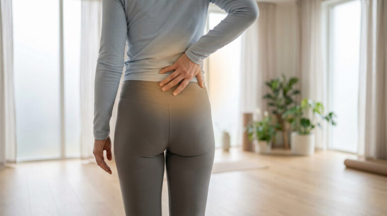 Rear view of person in athletic wear gently touching their glowing lower back/sacral area in a bright studio, conveying discomfort.