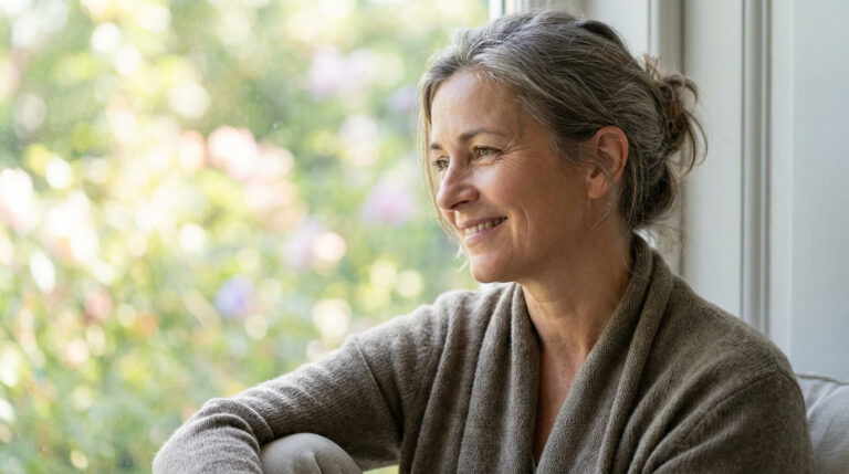 Serene woman, 40s-50s, with graying hair, smiling gently while looking out a softly blurred window, embodying peace and wisdom.