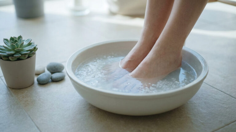 Anonymous feet soaking in a ceramic basin with dissolving salt in clear water, beside a succulent and pebbles on light tiles.