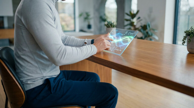 Un homme calcule avec une tablette transparente high-tech affichant des formules et graphiques. Scène moderne de calcul métabolique.