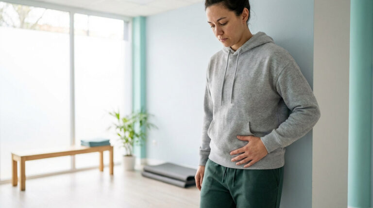 Femme en pull gris tenant son bas-ventre, le visage marqué par la douleur, dans une pièce lumineuse. Suggère tendinite du psoas.