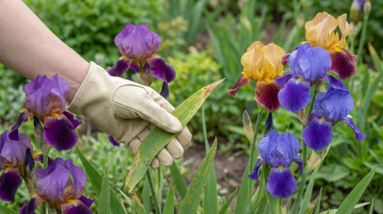 Main gantée inspectant une feuille d'iris tachetée de brun, au milieu de fleurs d'iris saines violettes, jaunes et bleues.