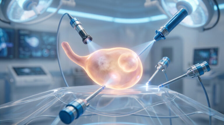 Illustration 3D d'une chirurgie coelioscopique sur un ovaire présentant des kystes, avec instruments médicaux.