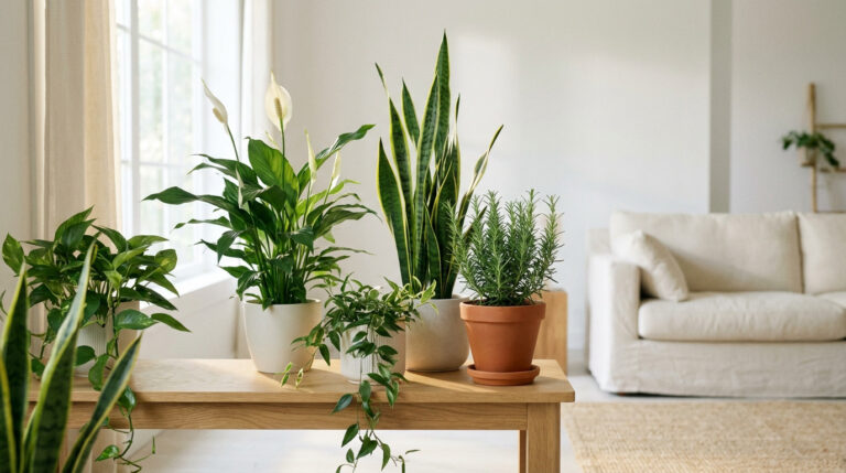 A collection of lush green indoor plants, including Peace Lily, Snake Plant, and Rosemary, on a wooden table by a sunny window. Soft light illuminates a serene living space.