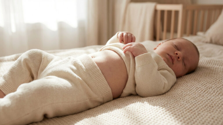 Bébé endormi sur le dos, vêtu de beige, révélant une cicatrice discrète sur l'abdomen. Lumière douce en arrière-plan.