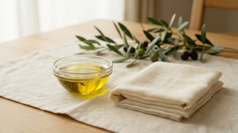 Bol d'huile d'olive et tissu plié sur une table en bois, avec une branche d'olivier. Les éléments d'un cataplasme naturel.