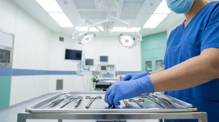 Professionnel de santé en masque et gants bleus préparant des instruments chirurgicaux sur un plateau stérile dans un bloc opératoire.