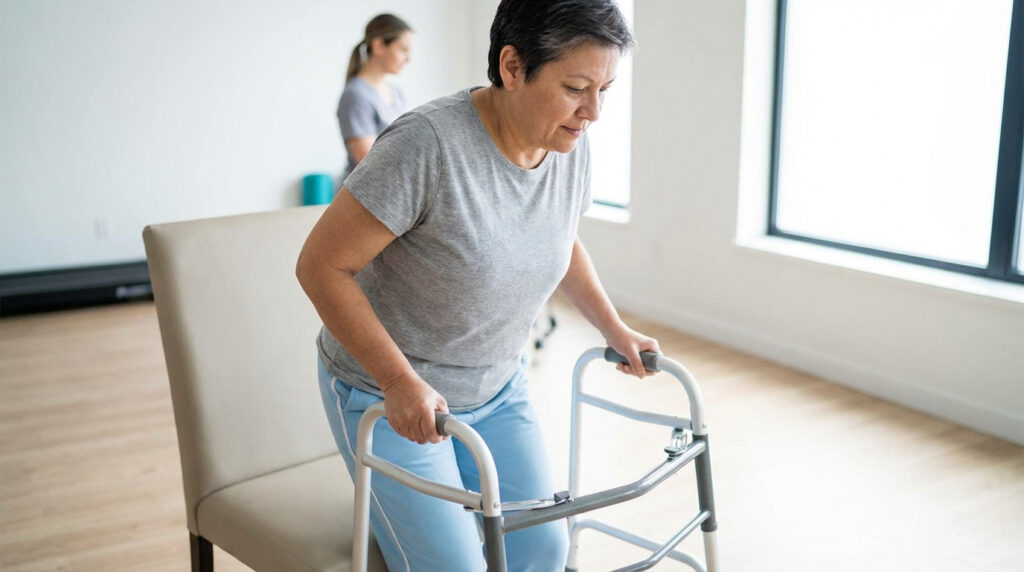 Femme en rééducation avec déambulateur, assistée par une thérapeute. Elle apprend à se relever d'une chaise.
