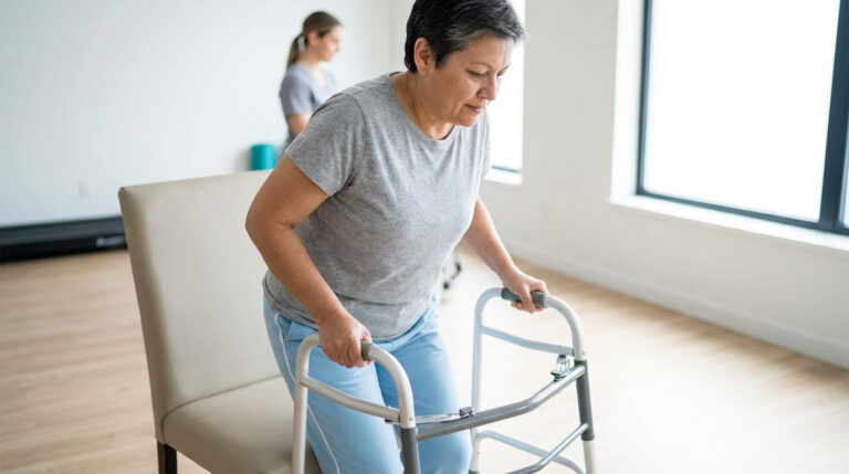 Femme en rééducation avec déambulateur, assistée par une thérapeute. Elle apprend à se relever d'une chaise.
