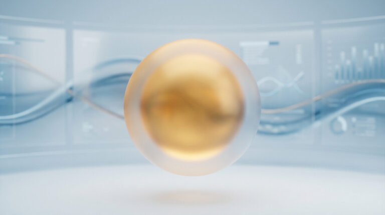 Photorealistic image of a glowing, translucent golden sphere dissolving at edges, against blurred blue/white analytical patterns.