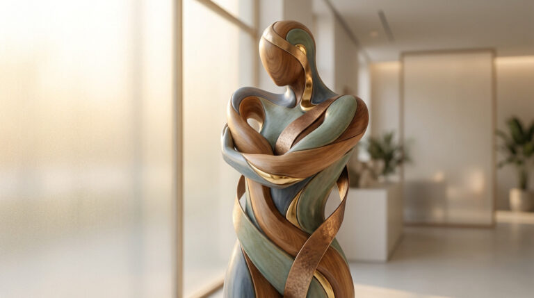 Abstract sculpture of a human torso, formed by flowing wood, green, and gold ribbons, symbolizing natural healing and modern medical restoration in a serene setting.