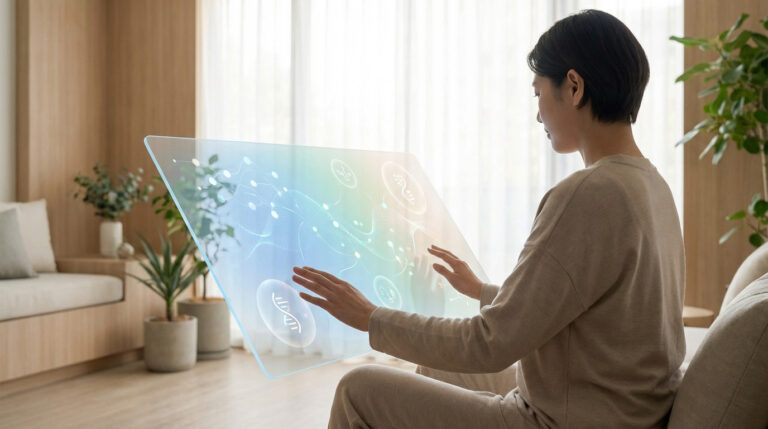Person gently touches a glowing, translucent screen displaying abstract health data in a modern, softly lit wellness space.