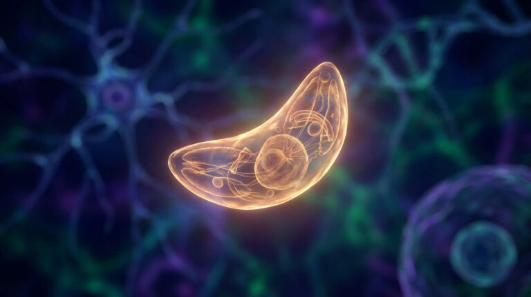 Image 3D stylisée d'un Toxoplasma gondii en croissant, lumineux et translucide, avec structures internes, sur fond de neurones flous.