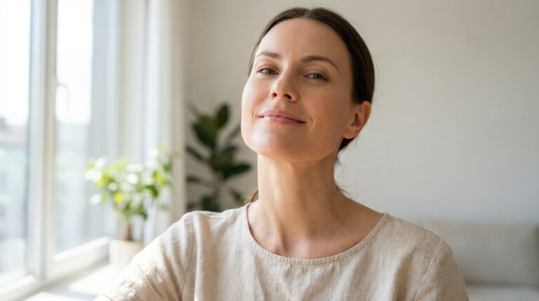 Portrait d'une femme souriante, regard direct, mettant en valeur un ovale du visage et un cou définis sur fond clair.