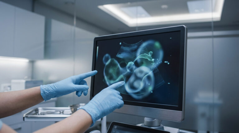 Mains gantées de bleu d'un professionnel de la santé pointant un écran médical affichant des structures biologiques ou fluides abstraites.