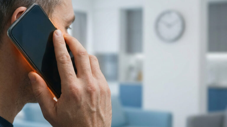 Gros plan sur une personne passant un appel urgent avec un smartphone orangeoyant à l'oreille, dans un intérieur moderne.