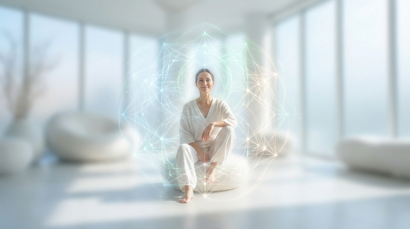 Femme souriante en blanc assise, entourée d'un réseau lumineux de points et de lignes géométriques, dans une pièce lumineuse. Symbolise équilibre et énergie.