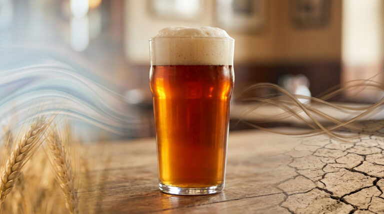 Un verre de bière ambrée en son centre, des épis de blé à gauche et de la terre sèche craquelée à droite, évoquant le transit intestinal.