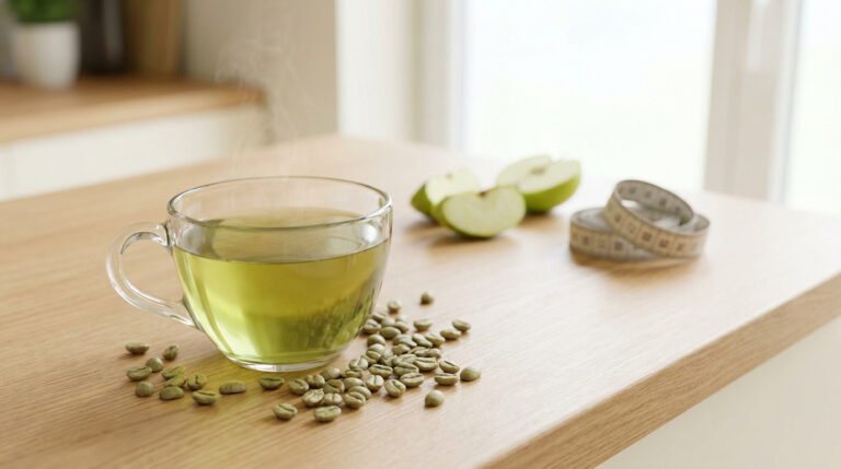 Tasse de café vert fumant sur une table en bois, entourée de grains de café vert, de tranches de pomme et d'un mètre-ruban.