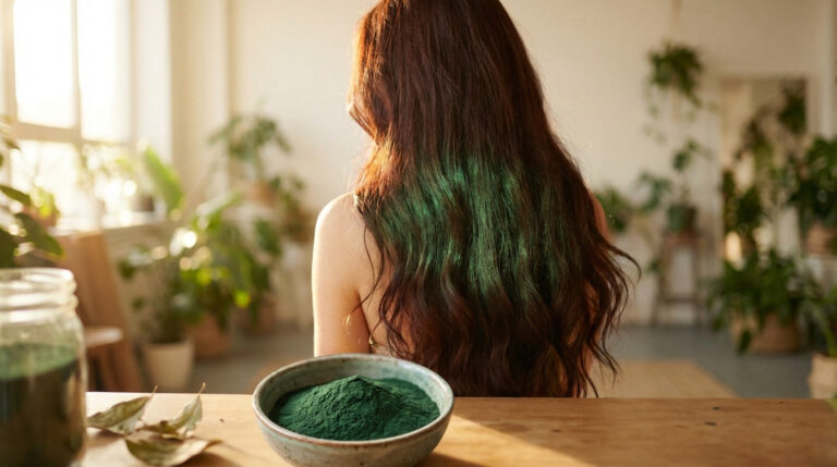 Femme aux longs cheveux bruns avec mèches vertes, un bol de poudre de spiruline et un bocal de liquide vert sur une table en bois.