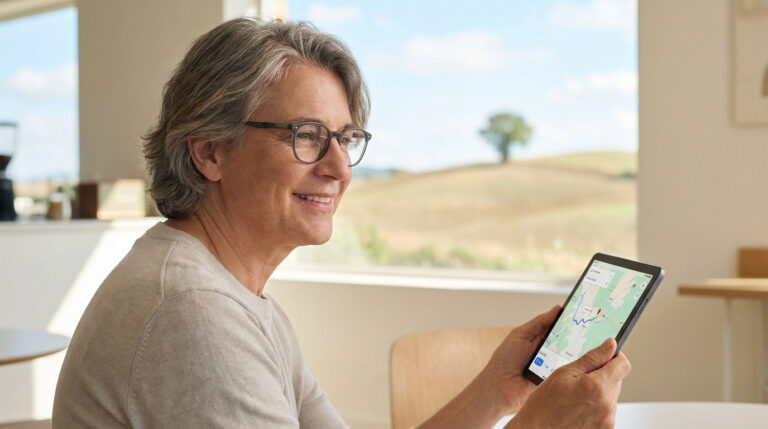 Femme d'âge mûr souriante, portant des lunettes, tenant une tablette affichant une carte, devant une fenêtre ensoleillée.
