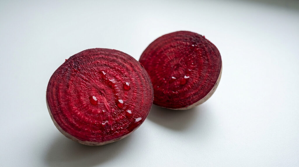 Deux moitiés de betterave rouge coupées, posées sur une surface blanche, avec des gouttes de liquide sur la chair.