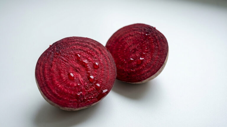 Deux moitiés de betterave rouge coupées, posées sur une surface blanche, avec des gouttes de liquide sur la chair.