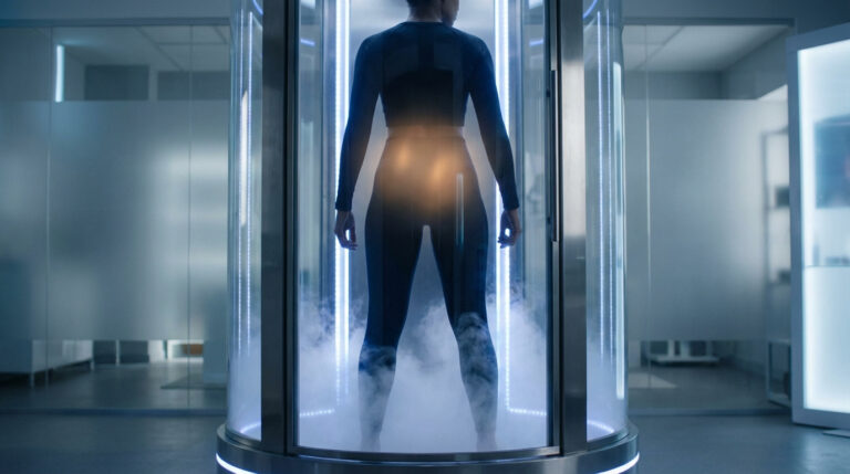 Personne en tenue de sport de dos dans une cabine de cryothérapie corps entier, avec brume froide et halo orange ciblé.