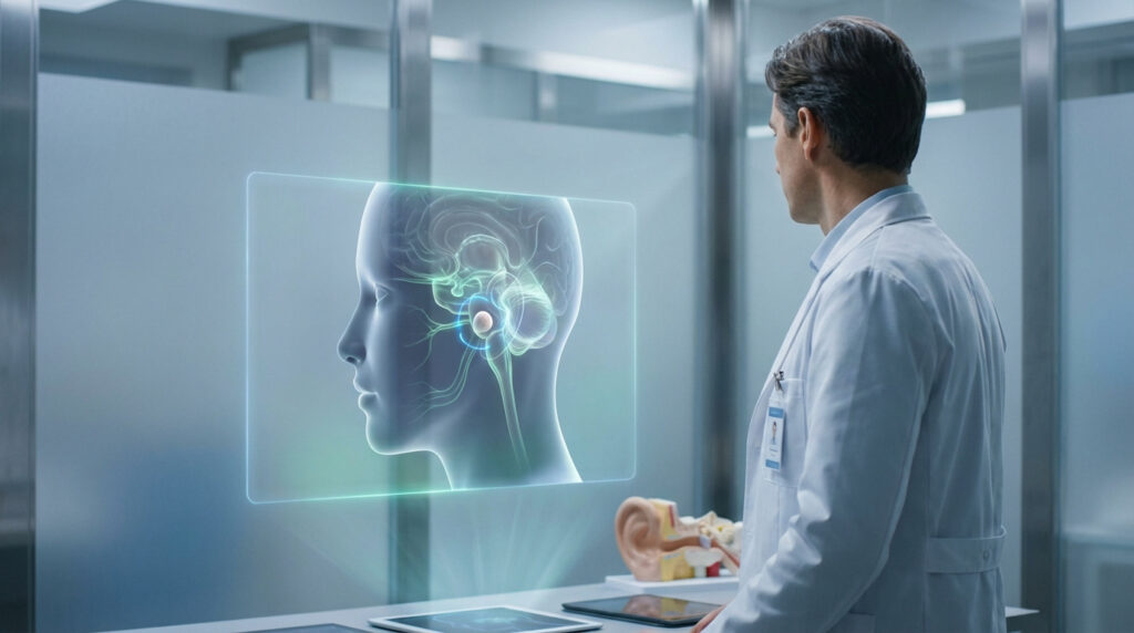Médecin examinant une projection holographique 3D d'une tête, montrant un neurinome acoustique près de l'oreille interne.