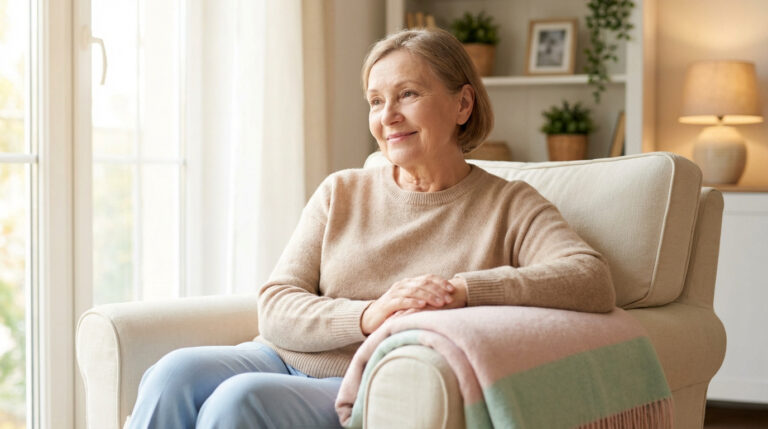 Femme mature souriante assise confortablement dans un fauteuil crème près d'une fenêtre lumineuse, avec une couverture douillette.