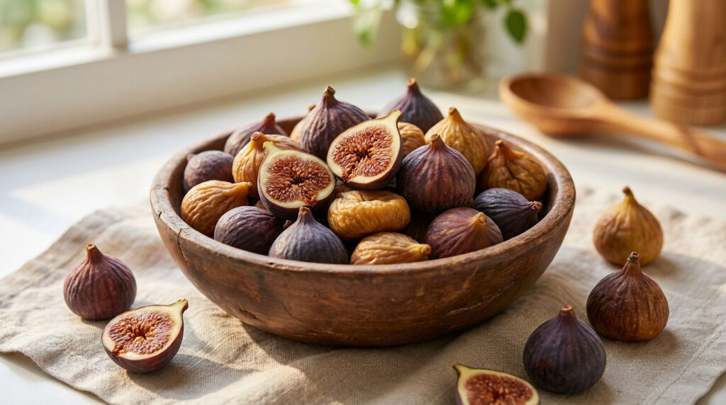 Un bol en bois rempli de figues sèches de couleurs variées, certaines coupées en deux, sur un linge clair près d'une fenêtre.