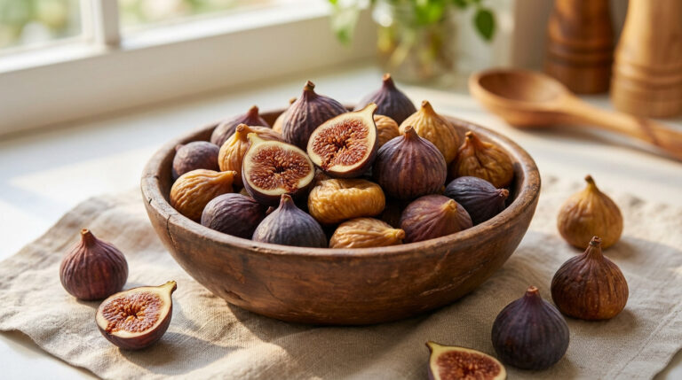 Un bol en bois rempli de figues sèches de couleurs variées, certaines coupées en deux, sur un linge clair près d'une fenêtre.